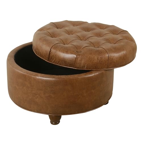 HomePop 25" Button Tufted Round Storage Ottoman - Brown Faux Leather - color: Light Brown