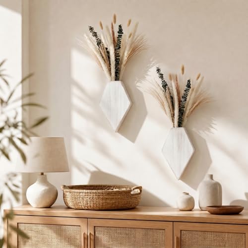 2 Pcs Bohemian Wooden Wall Planter Set with Pampas Grass Modern Farmhouse Wall Decor for Living Room, Bathroom, Bedroom, Office (White Distressed,Natural Style) - color: White Distressed, style: Natural Style