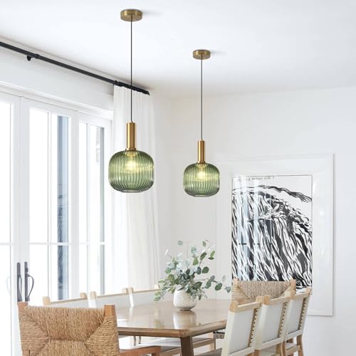 BOKT Mid Century Modern Green Glass Pendant Light Large Gold Globe Kitchen Island Pendant Light Fixture Minimalist Anti Brushed Brass Round Ceiling Hanging Pendant Lamp (7.9" Green) - color: Green