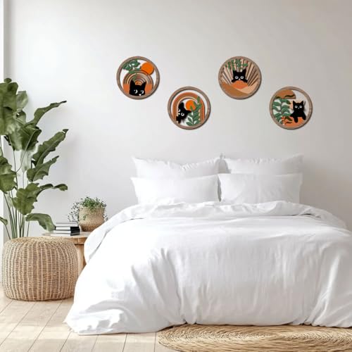 4PCs 3D Boho Cat Hanging Wooden Wall Art Wall Decor, Botanical Wall Decor Bohemian Decor, Cat Lover Gifts, Wooden Sign Wood Art Wood Plaque Home Decor for Living Room Bedroom Farmhouse Office - color: Multi 0062