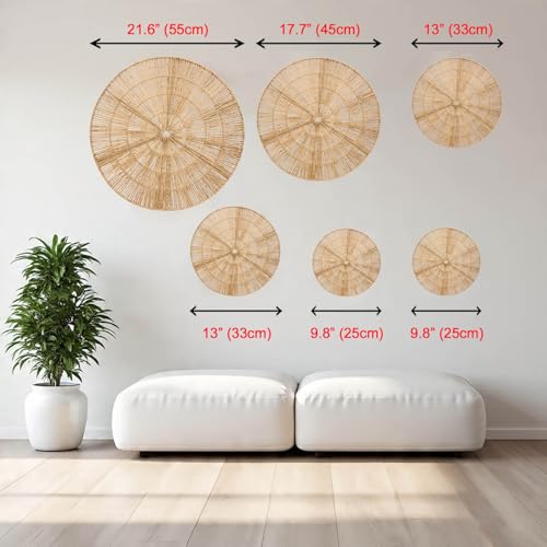 Laquedecraft Boho Wicker Rattan Plate Basket Set For Décor Hanging Wall | Large Woven Farmhouse Rustic Bohemian Art Baket Hangings For Decorative Home, Bedroom, Living Room, Kitchen, Bathroom (Classic, Natural, Set of 6) - size: Set of 6, style: Classic