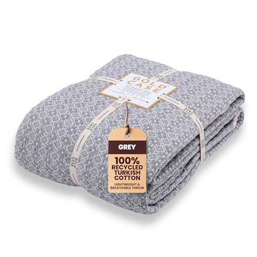 Gold Case Throw Blanket for Bed - 100% Recycled Turkish Cotton Blanket - Retro Lightweight Soft Throw Blankets for Bed & Living Room - Twin Size Cozy Blankets - 71x90 - Grey - color: Retro Grey, size: 71x90"