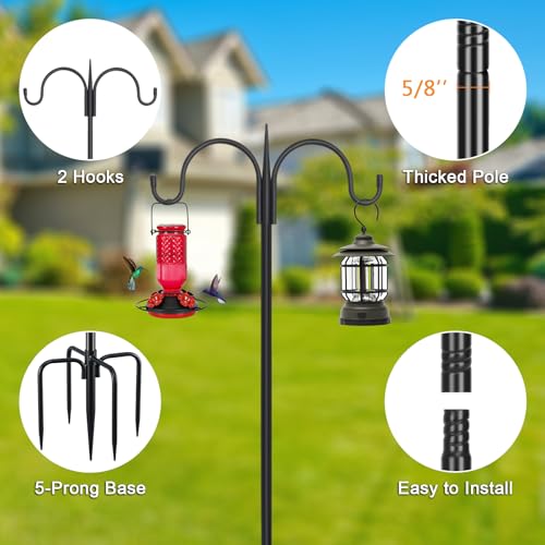 FEED GARDEN Heavy Duty Shepherds Hook 63" Double Hooks Adjustable (47/63") - Alloy Steel 5-Prong Base, 12lb Capacity - Easy Assembly Bird Feeder Pole for Hanging Planters, Lanterns, Wind Chimes - size: 63 Inch