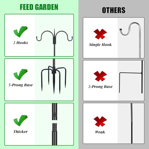 FEED GARDEN Heavy Duty Shepherds Hook 76" Double Hooks Adjustable (44/60/76") - Alloy Steel 5-Prong Base, 17lb Capacity - Easy Assembly Bird Feeder Pole for Hanging Planters, Lanterns, Wind Chimes - size: 76 Inch