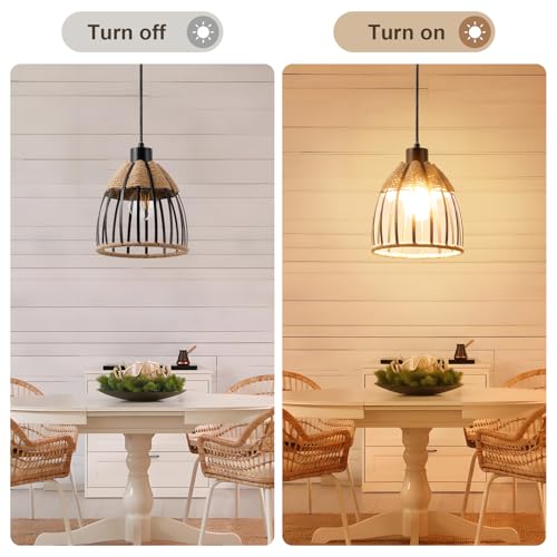 OCIOC Mini Hemp Rope Woven Pendant Light, Boho Chanderlier Light Fixture, 6.9 Inch Farmhouse Rattan Adjustable Height Hanging lamp for Kitchen Island Bedroom, Dining Room, Living Room, Entryway, Foyer - size: 5.5
