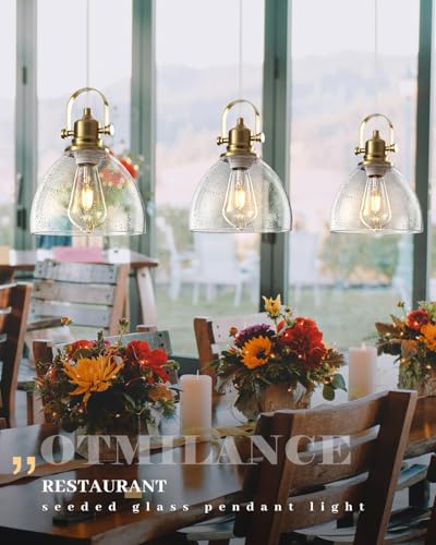 Glass Pendant Lights Kitchen Island 3 Pack, 7.5 Inch Gold Pendant Lights with Seeded Glass, Modern Hanging Vintage Pendant Light, Farmhouse Kitchen Pendant Lighting for Dining, Bar, Cafe - color: Seeded Glass-Gold+Cord, size: 3-Pack