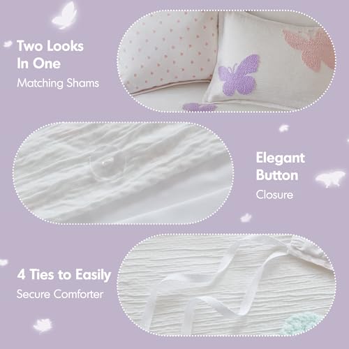 Intelligent Design Kids Rio Twin Duvet Set – Girls’ Reversible Tufted Chenille Bedding with Pastel Purple Butterflies and Pink Dot, 2pcs - color: Multicolor, size: Twin