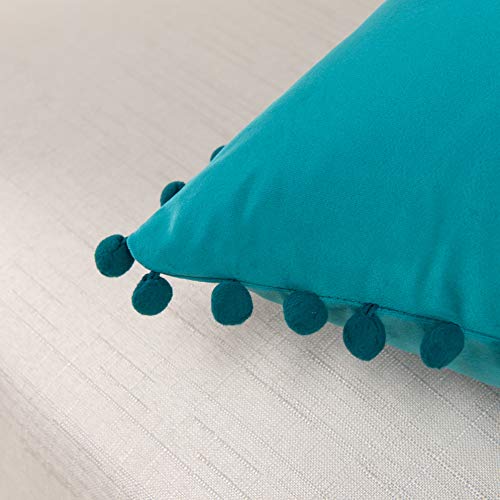 Elegant Comfort POM-POMS Fringe Velvet Cushion Covers Set of 2, Velvet Soft Solid Decorative Square Throw Pillow Covers Set Cushion Case for Couch Bed, Livingroom 20 x 20 Inch (50 x 50 cm), Turquoise - color: Turquoise, size: 20" x 20" (Pack of 2)