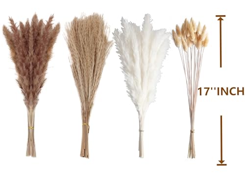 100 PCS Small Boho Pampas Grass, 17" Naturally Dried Pompas, Pampas Grass Decor for Wedding , Boho Party Decorations, Table Decor（Brown and White）