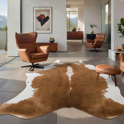 BENRON Premium Faux Cowhide Rug, Cow Print, Rustic Western Rugs for Living Room Bedroom, Irregular Animal Skin Hides, 4.6 x 5.2ft, Anti-Skid Cool Carpets for Cowboy Cowgirl Home Decor, Khaki Brown - color: Caramel, size: 4'7" x 5'2" (Irregular)