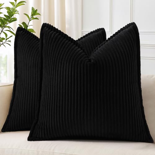 decorUhome Summer Corduroy Black Euro Sham Throw Pillow Covers 24x24 Set of 2 Decorative Soft Boho Farmhouse Couch Pillow Covers for Living Room Bed Sofa Broadside Striped Pillow Cases - color: Black, size: 24" x 24" (Pack of 2)