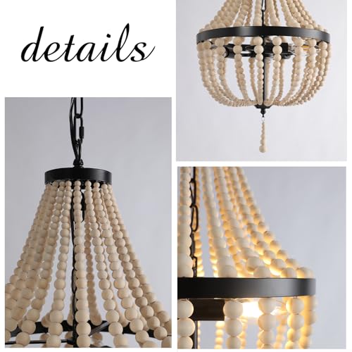 3-Light Plug in Chandelier Dimmable and Timer Mini Wood Beaded Bohemian Pendant Light Fixture with 16.4ft Swag Cord,Black Metal Finish Natural Color Beads,Dining Room,Living Room,Foyer,Bedroom… - color: Black, size: Plug in-3 Light