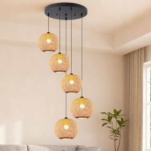 5-Light Staircase Bamboo Light Fixture Basket Weave Pendant Light Shade Boho Large Rattan Chandelier Coastal Wicker Pendant Hanging Lights for Foyer Living Room Farmhouse - color: Bamboo, 5-Light