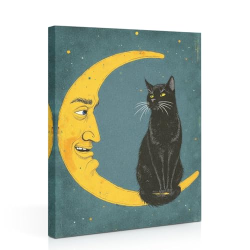 Vintage Cat Sitting on Moon Canvas Wall Art, Cat Aesthetic Framed Art Paintings Wall Decor Cats Lover Prints Picture for Living Room Dining Room Bedroom Farmhouse Decor 11.5x15 Inch - color: Multi 1392
