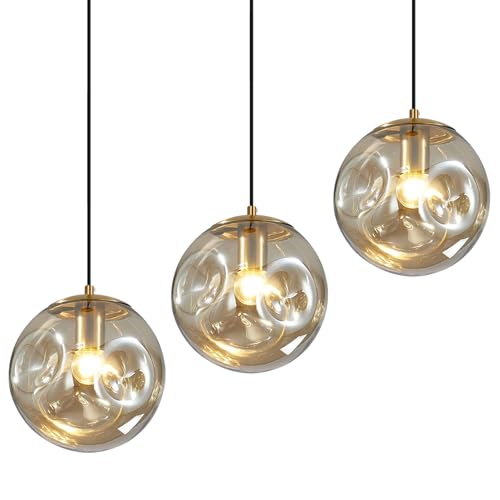 Modern Amber Concave Glass Pendant Light, 3-Pack Kitchen Island Lighting Single Globe Pendant Light Fixtures Century Kitchen Island Pendant Light for Bedroom Dining Room Light (Without Bulbs) - color: Amber-1 Light-3PC