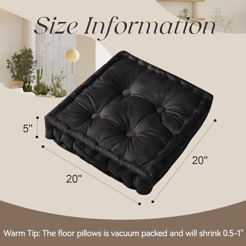 Square Floor Pillows, Large Floor Cushion for Adults Kids, Meditation Floor Pillow Seating Cushion with Shredded Memory Foam and Silk Wadding, 20"x20"x5" (Black, 2 Pack) - color: Black, size: 2 Pack