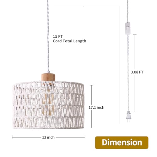 Plug in Pendant Light with Hand Woven Rattan Lampshade, Hanging Lamp with 15 FT Rope Cord On/Off Switch, Boho Pendant Light Fixture for Living Room Bedroom Kitchen Island Dinning Table - color: White