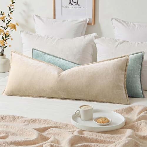 decorUhome Fall Chenille Soft Cozy Throw Pillow Covers 14x36 Set of 1, Modern Farmhouse Boho Velvet Decorative Pillow Cases with Stitched Edge for Couch Sofa Bed Home Decor, Beige - color: Beige, size: 36" x 14" (Pack of 1)