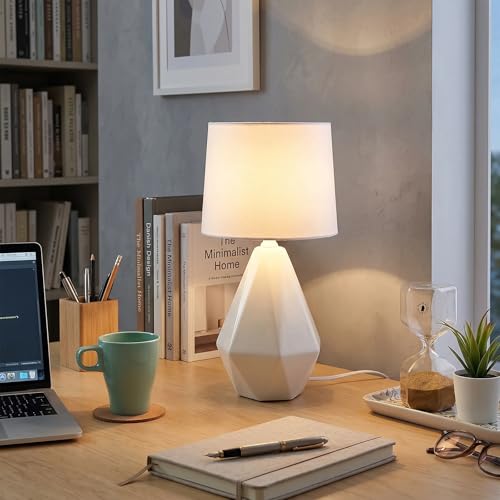SOTTAE Modern Small Ceramic Table Lamp, White Irregular Geometric Bedside Table lamp for Bedroom,Nightstand Lamps with White Fabric Shade, Small Lamp for Kitchen Living Room