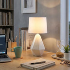 SOTTAE Modern Small Ceramic Table Lamp, White Irregular Geometric Bedside Table lamp for Bedroom,Nightstand Lamps with White Fabric Shade, Small Lamp for Kitchen Living Room
