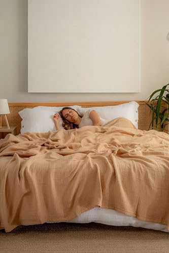 Muslin Blanket - Pure 100% Turkish Cotton Airy Soft Light Versatile Gauze Throw Blanket for Bed, Couch, Sofa (Beige, California King Size (95" x 125" inch)) - color: Beige, size: California King Size ( 95" x 125" inch )