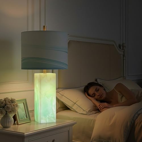 Scenekoy 23" Alabaster Table Lamp Set of 2 with Night Light for Bedroom Living Room, Rotary Switch, Blue Table Lamp with Linen Shade, Modern Nightstand Lamps for Room Bedside Bedroom (Bulb Included) - color: Blue