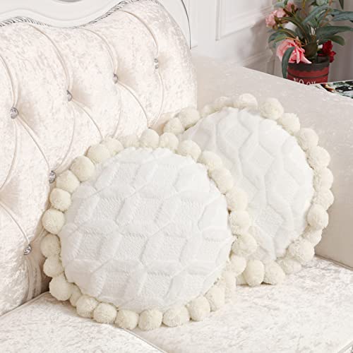 Tranqun 2 Pcs Boho Throw Pillows Cover 15.7 Inch Round Bohemian Decorative Pillow Covers Throw Pillow Cover Hand Tufted with Textured Pom Poms Cushion for Couch Sofa Bed Yoga (Beige White) - color: Beige White