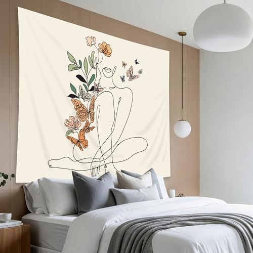 SVBright Abstract Woman Butterfly Fabric Wall Hanging Tapestry 59Wx51H Inch Mid Century Modern Minimalist Flower Plant Beige Terracotta Aesthetic Portrait Home Decor Art for Living Room Bedroom Dorm - color: Beige Woman Sitting, size: 51"L x 59"W