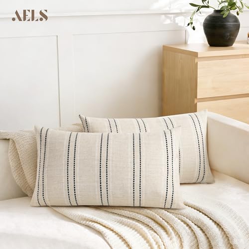 AELS 12x20 Decorative Farmhouse Linen Throw Pillow Covers, Boho Textured Pillow Case, Set of 2, Beige with White & Black Stitch Yarn Dyed Stripe Cushion Cover for Sofa Couch Living Room (Cover ONLY) - color: Beige With White & Black, size: 20" x 12" (Pack