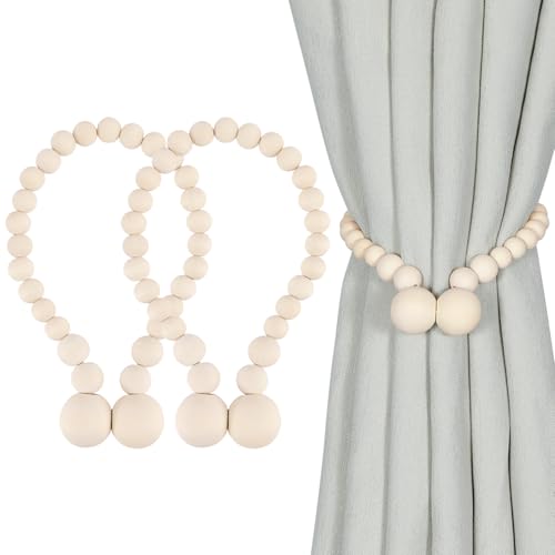 KLOGTSIND Magnetic Curtain Tiebacks, Curtain Holdbacks for Curtains 2 Pack, Wood Bead Curtain Holders for Boho Bedroom Decor, Baby Nursery Decor, Farmhouse Decor - color: Wood Color
