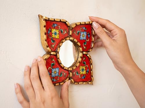Handmade Peruvian Mirror - Reverse Painted Glass Mirror - Square or Diamond Shaped Wall Mirror with Bronze Leaf - Small Mirrors for Gallery Wall (Red) - color: Red