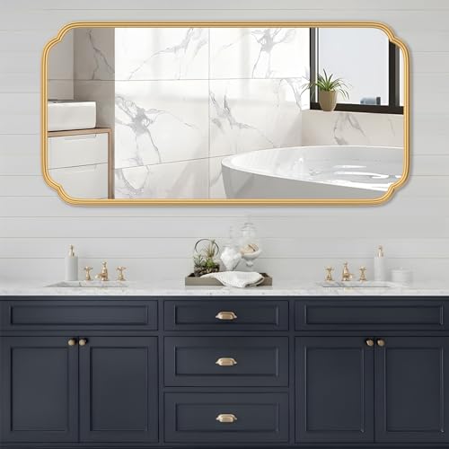 Ferytange Gold Wall Mirror 48 x 24 Inch Bathroom Vanity Mirror for Over Sink Modern Rounded Corner Rectangle Wall Mirror Decorative with Non-Rusting Iron Metal Framed (Horizontal/Vertical) - color: Gold, size: 48"L x 24"W