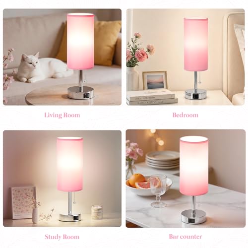 Dicoool Small Bedside Table Lamp for Bedroom, Pink Nightstand Lamp for Girls Kids, 3 Color Temperatures & USB Charging Port, Cute Desk Lamp for Teens Room Decor, Dorm Room Essentials - color: Pink-Silver