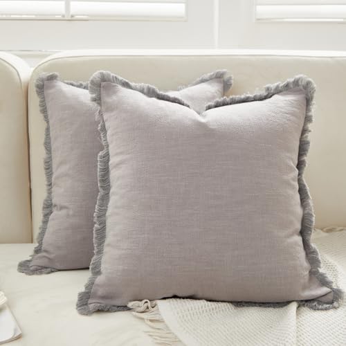 Sunday Praise Set of 2 Linen Fringe Decorative Pillow Covers 18x18 Inch Farmhouse Accent Boho Throw Pillow Cases with Tassels Cozy Soft Square Cushion Covers for Couch Sofa Bed Home Decor,Grey - color: Light Grey, size: 18" x 18" (Pack of 2)