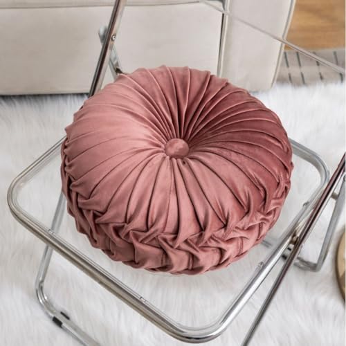 MOCOFO Round Velvet Throw Pillow, Pumpkin Shape Decorative Floor Cushion, Handcrafted Pleated Design, 14 and 16 Inch Diameter, Multiple Colors, Polyester Fill (Dark Pink, 14") - color: Dark Pink, size: 14"