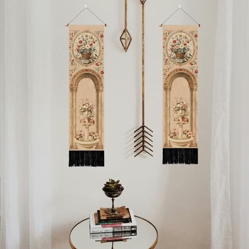 PLIGREAT 2 Pack Vintage Bouquet Tapestry Vertical Art European Style Column Wall Hanging with Tassels Aesthetic Wall Tapestry for Bedroom Bathroom Living Room Long Narrow Home Art Decor - color: pink,brown