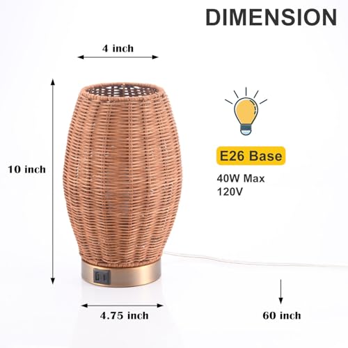 Boho Style Rattan Table Lamp,Dimmable Bamboo Desk Lamp,Touch & USB Charger Port,Oven Brown Rattan - color: USB + touch