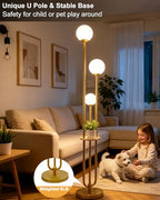 63IN Dimmable Floor Lamp with Shelf, Unique Globe Gold Tall Standing Lamps, 3000K Warmwhite Mid Century Modern Floor Lamp with 5Lbs Heavy Base for Living Room Home Office(Bulbs Included) - color: 3 Globe-Gold Shelf