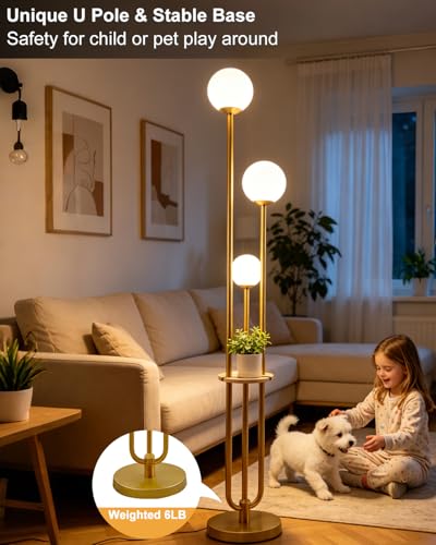 63IN Dimmable Floor Lamp with Shelf, Unique Globe Gold Tall Standing Lamps, 3000K Warmwhite Mid Century Modern Floor Lamp with 5Lbs Heavy Base for Living Room Home Office(Bulbs Included) - color: 3 Globe-Gold Shelf