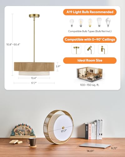 VONLUCE 17.7" Boho Rattan Chandelier, 4-Light Drum Chandelier with 2-Tier Woven Rattan Ceiling Light for Dining Room Bedroom Living Room with E26 Sockets, Gold Finish, ETL Certified - color: Gold, size: 18inch