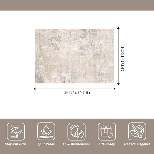 2x3 Washable Non-Slip Rug – Modern Abstract Neutral Small Throw Area Rug for Kitchen, Entryway, Bedroom – Soft Low Pile Thin Indoor Door Mat (Beige Grey, 2x3) - color: Beige Grey, size: 2' x 3' (Rectangular)