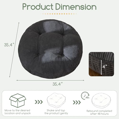 HIGOGOGO 35" Floor Pillow Cushion for Adults, Meditation Cushion Pillow, Extra Large Square Floor Sitting, Tufted Corduroy Cover for Tatami Living Room or Yoga, Dark Grey - color: Dark Grey, size: 4" Thick Round