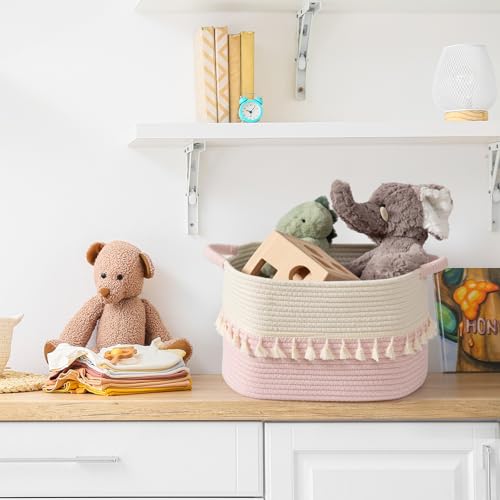 TeoKJ Storage Baskets 3 Packs, Storage Basket for toys,Towel, Storage Bins, Woven Basket for Shelves Bedroom Laundry Nursery, White & Pink - color: White & Pink, size: 3 Pack