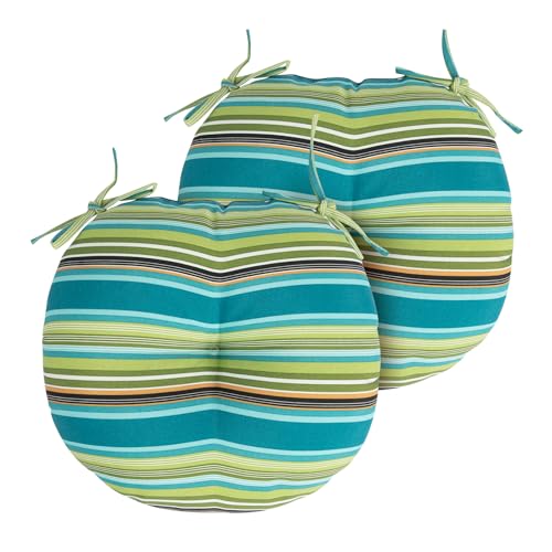 Bistro Chair Cushions 15 inch,Set of 2,Tufted Round Chair Cushions with Ties,15"x15"x4",Water Resistant Round Seat Cushion for Barstool Chairs,Patio Garden Kitchen Outdoor Furniture(Green Stripe) - color: Green Stripe, size: 15"x15"