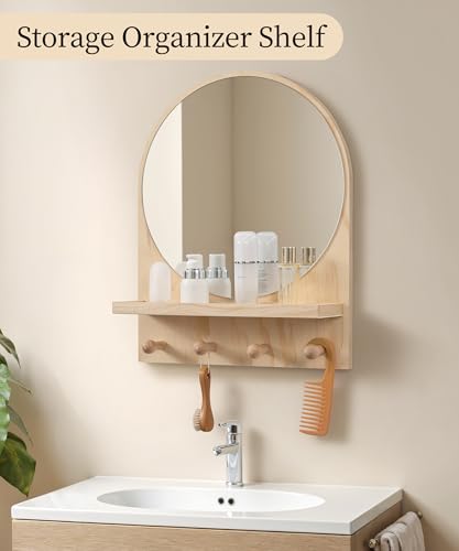 Maxpeuvon Nursery Mirror, Boho Circle Mirror Wall Mount Natural Wood Shelf Hanging Arch Modern Wall Decor for Nursery Living Room Entryway Hallway Bathroom, 14x18 Inch