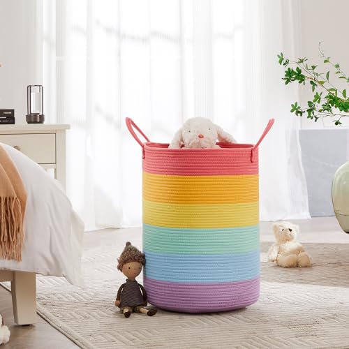 Rainbow 15"Dx20"H Baby Girls Kids Laundry Hamper Basket for Nursery Toddler Clothes Blanket Toy Storage Woven Rope Unicorn Hamper in Playroom Bedroom 60L Large - color: Rainbow, size: Large (60L)