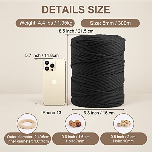Macrame Cotton Cord 5mm x 328yds, ZUEXT Natural Handmade Black Braided Cords 4 Strands Knitted Rope String for Craft Wall Hanging Weaving Tapestry Dream Catchers Hanger DIY Gift (300m) - color: Black, style: 5mm x 300m