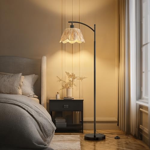 Oneach Boho Rattan Floor Lamp for Living Room, Farmhouse Standing Lamp with Hand-Woven Shade, Black Metal Base & Pole, Foot Switch - Corner Reading Lamp for Bedroom - color: Oil Black