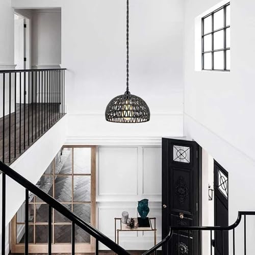 Lighting fixtures, 1-Light Pendant Light,Boho Black Woven Rattan Basket with Twist Hemp Hanging Cord Plug in Coastal Pendant Lamp for Dining Living Room Kitchen Island Foyer Bedroom Hallway