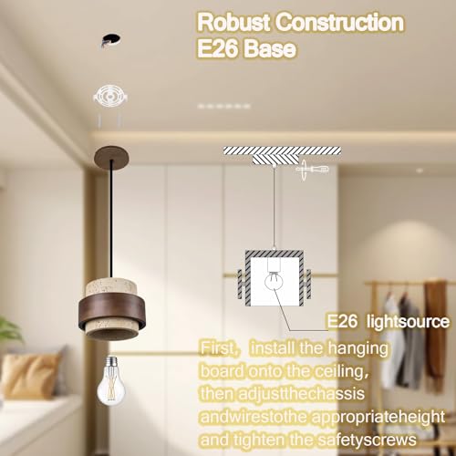 Natural Travertine Pendant Light, Modern Wabi-Sabi Hanging Lamp with Wood Accent, Minimalist Stone Ceiling Light Fixture for Kitchen Island, Dining Room, Cafe, Warm White LED Compatible